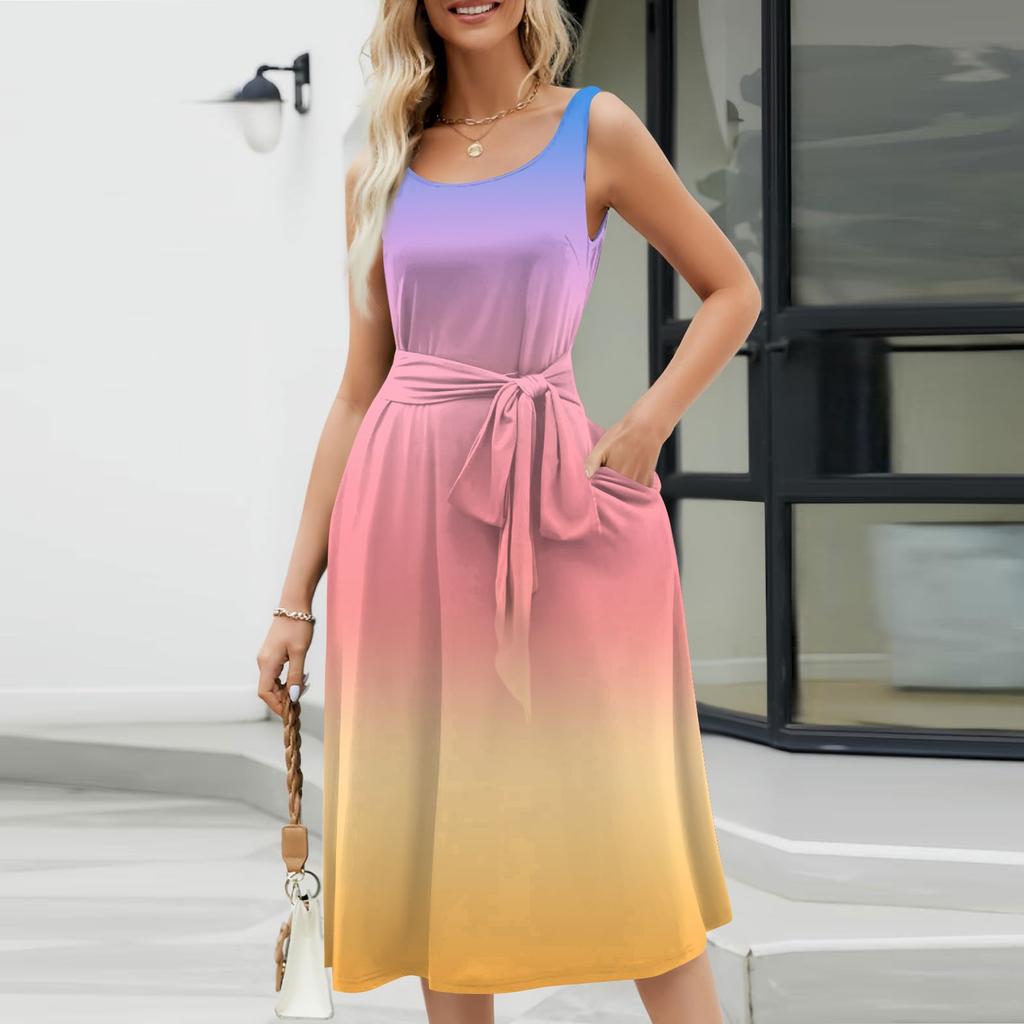 Летние платья для женщин 2024, пляжные свободные с круглым вырезом, без рукавов, миди-трапеции, распашное платье, сарафаны с карманами