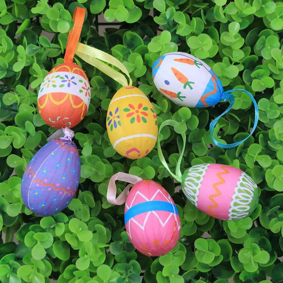 6Pcs Colorful Foam Easter Egg Hanging Decorations with Lanyard Exquisite Patterns Durable Material Simulation Egg Ornaments