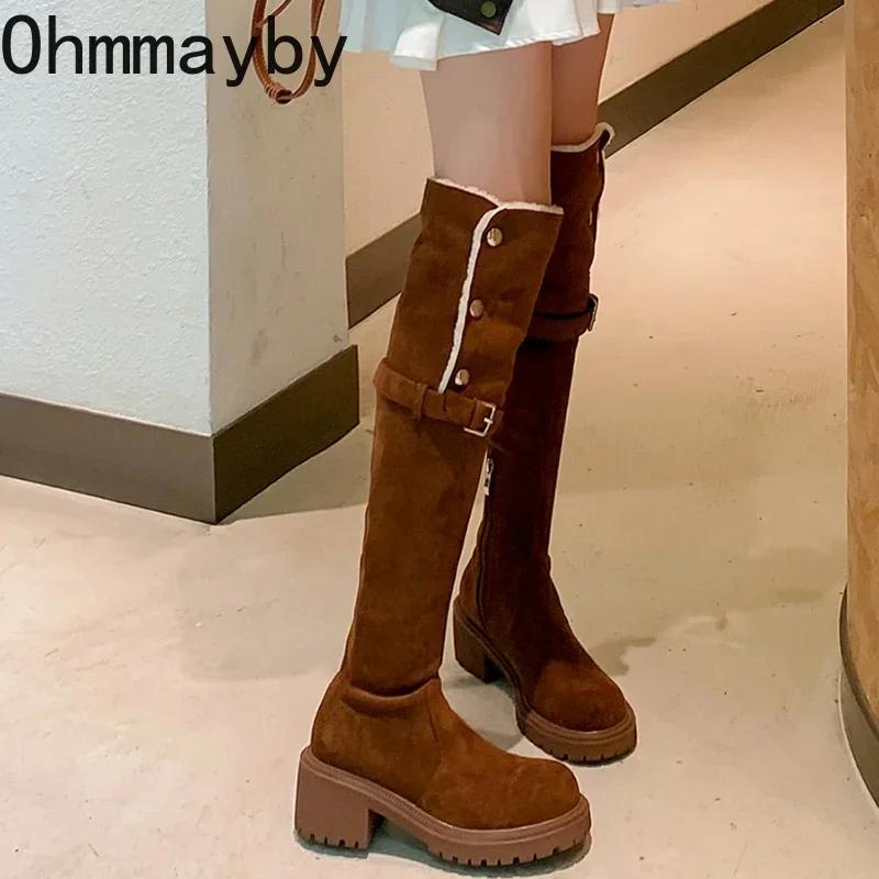 Винтажные женские сапоги выше колена на платформе, модные туфли с пряжкой на ремне, осень-зима, женские длинные сапоги на толстом каблуке
