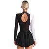 Womens Sparkly Rhinestone Figure Skating Dance Dress Contrast Color Sheer Mesh Patchwork Long Sleeve Mock Neck Dresses