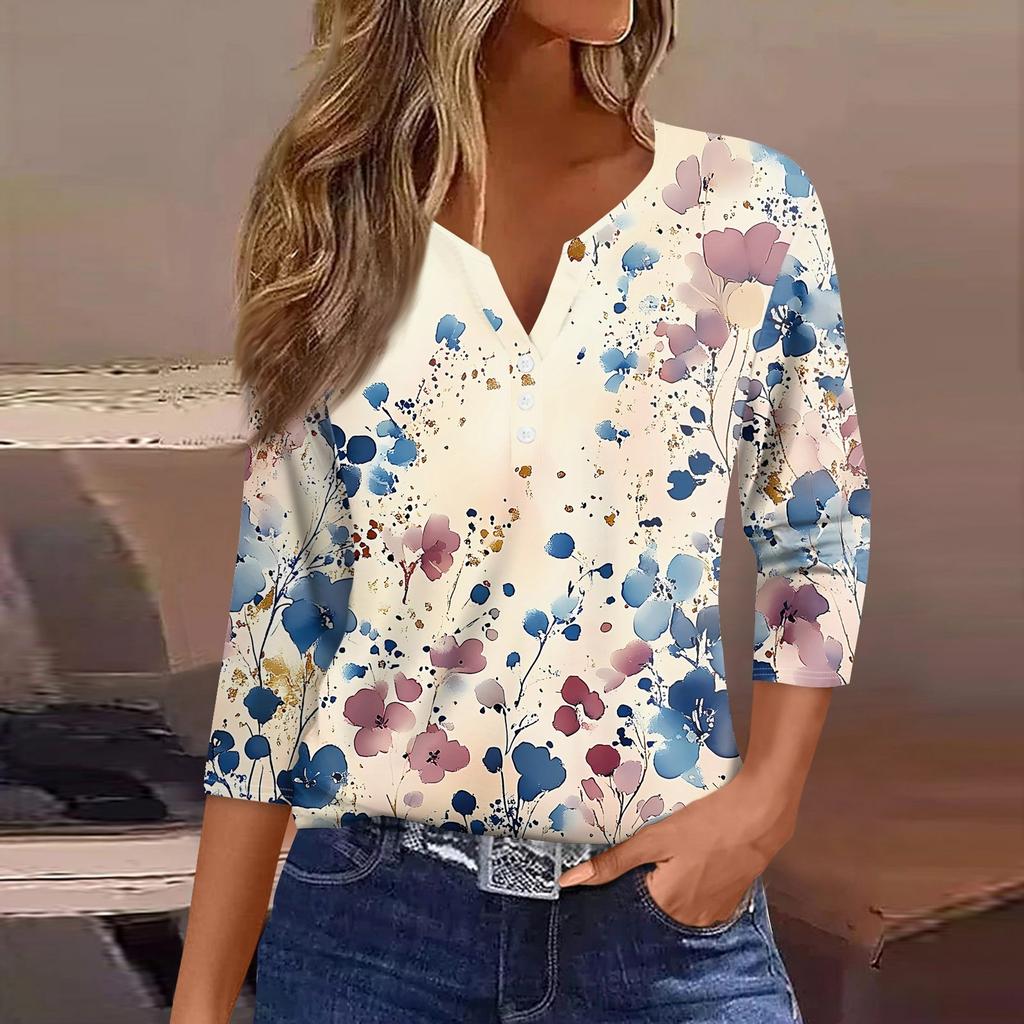 Жен. Футболка С принтом Пуговицы Рукав 3/4 Повседневные Выходные Мода Классический Классический V-образный вырез Обычный Верх
