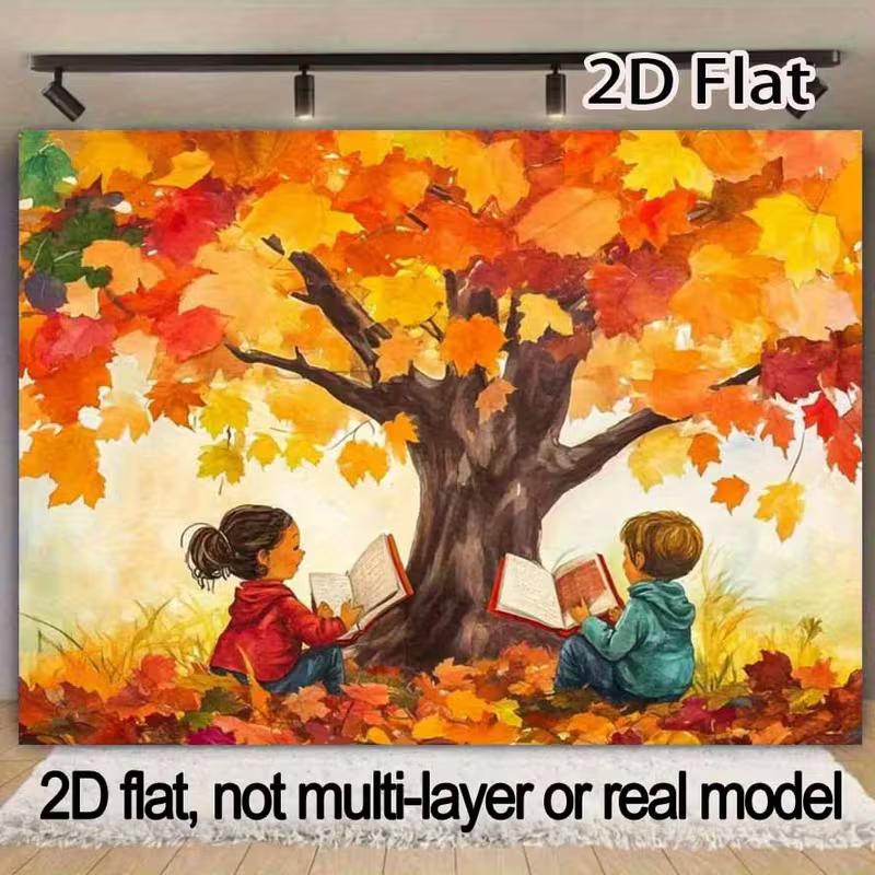2D Autumn Reading Kids Backdrop, Fall Tree Book Scene Wall Hanging