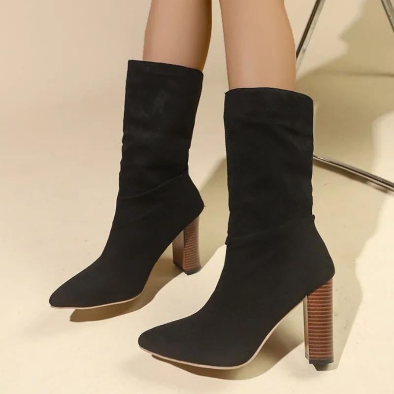 Женские сапоги на высоком каблуке 2024 Классические Ретро Вестерн Сапоги Женские Замшевые Модные Остроносые Плиссированные Дизайн Сапоги до середины икры Botas De Mujer