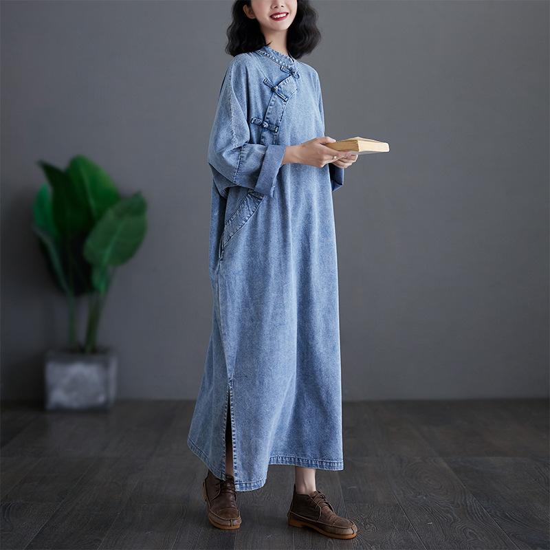 Весна Осень Винтаж Женские Джинсовые Платья Vestidos Robe Elbise Свободные Модные Длинные Рукава Длинные Платья Плюс Размер