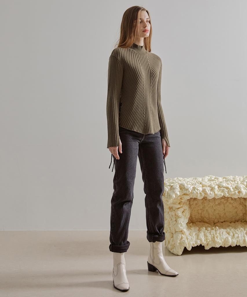 ETMON Slit Sleeve Side Strap Knit Top Khaki