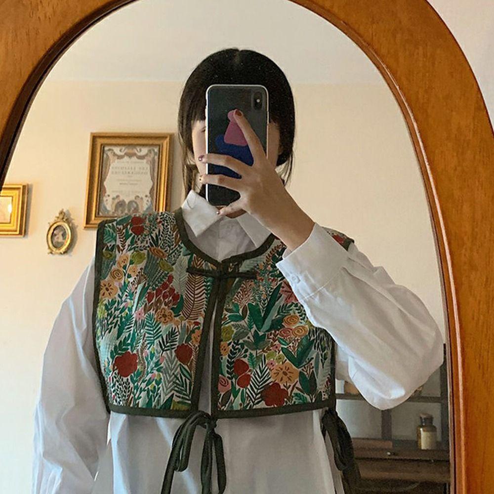 Vintage Fake Collar Capelet Floral Printed Lace Up Waistcoat  Clothing Accessories