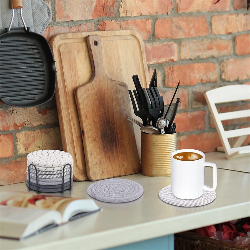 8Pcs Cup Coasters For Drinks Absorbent Woven Coaster Set With Holder Farmhouse Cloth Fabric Cup Coasters For Coffee Tea