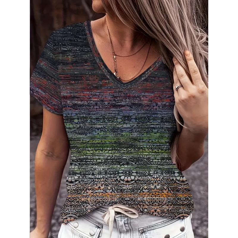 Модная женская футболка с V-образным вырезом, летняя уличная мода, топы с коротким рукавом, цветочные принты, свободная одежда больших размеров