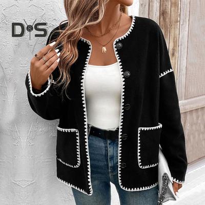 Осень-весна Женское пальто с зигзагообразным краем, однобортный кардиган на пуговицах, свободный, подходящий по цвету, с длинными рукавами, куртка для свиданий и поездок на работу