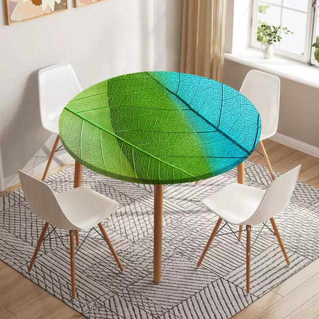 Skeleton Leaves Round Fitted Tablecloth Waterproof Dining Table Decoration Accessories Classic Pattern Table Cover Kitchen Decor