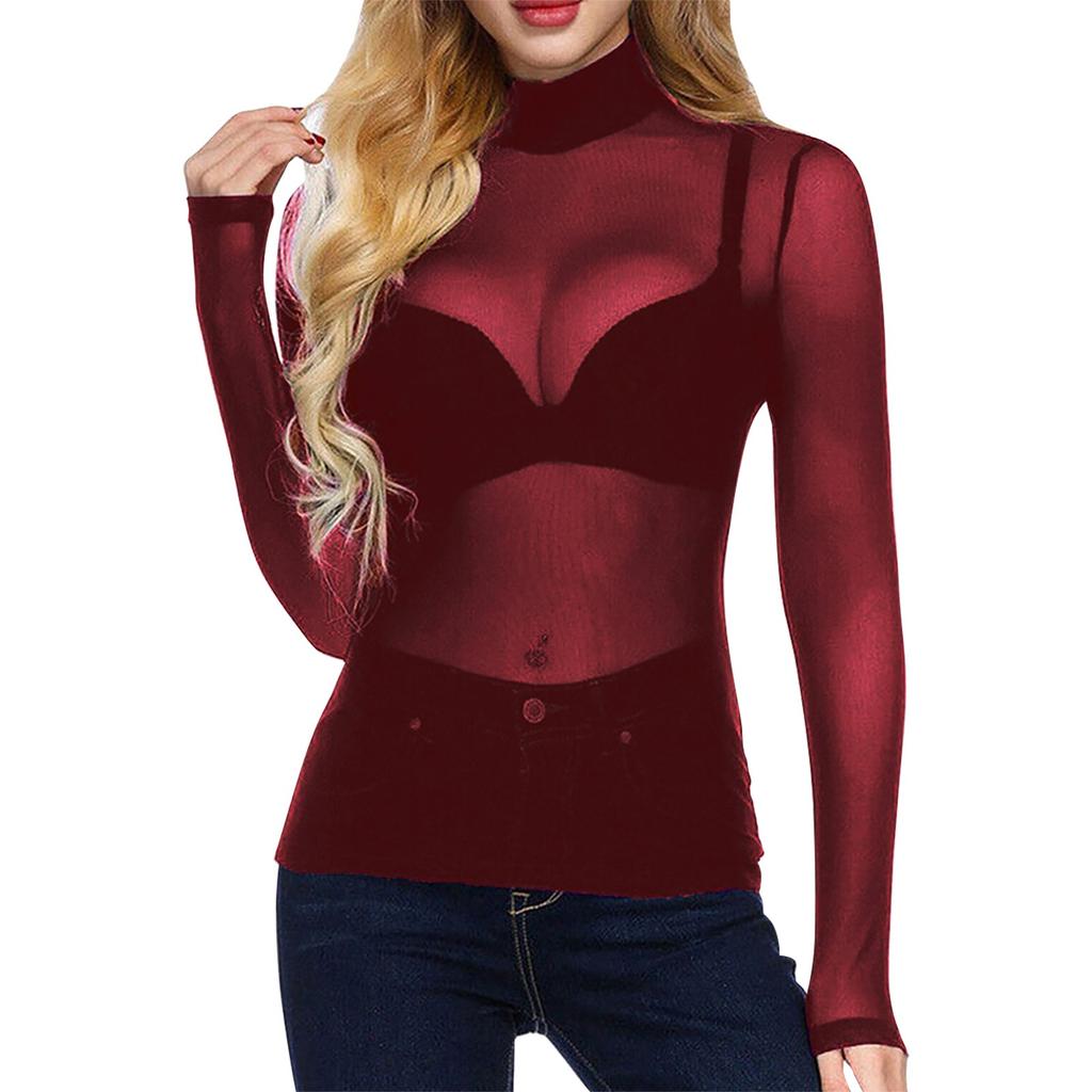 Женская летняя сексуальная ультратонкая сетчатая эластичная обтягивающая рубашка с длинными рукавами и полувысоким воротником