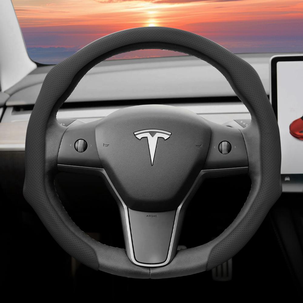 Подходит для Tesla, Чехол на перфорированное кожаное рулевое колесо, Нескользящий, Впитывающий пот, Дышащий, Интегрированный защитный чехол-защелка для Model 3 Y S