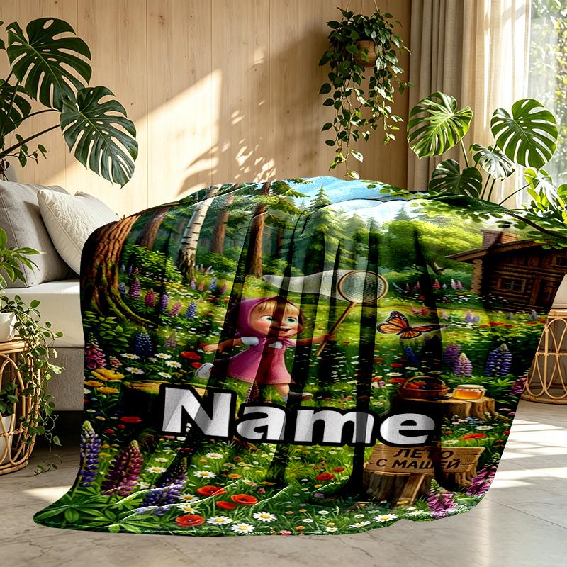 Custom Name Personalized Masha and The Bear Print Blankets, Home Decor, Bedroom, Sofa, Camping, Couch, Gifts for Birthday Christmas