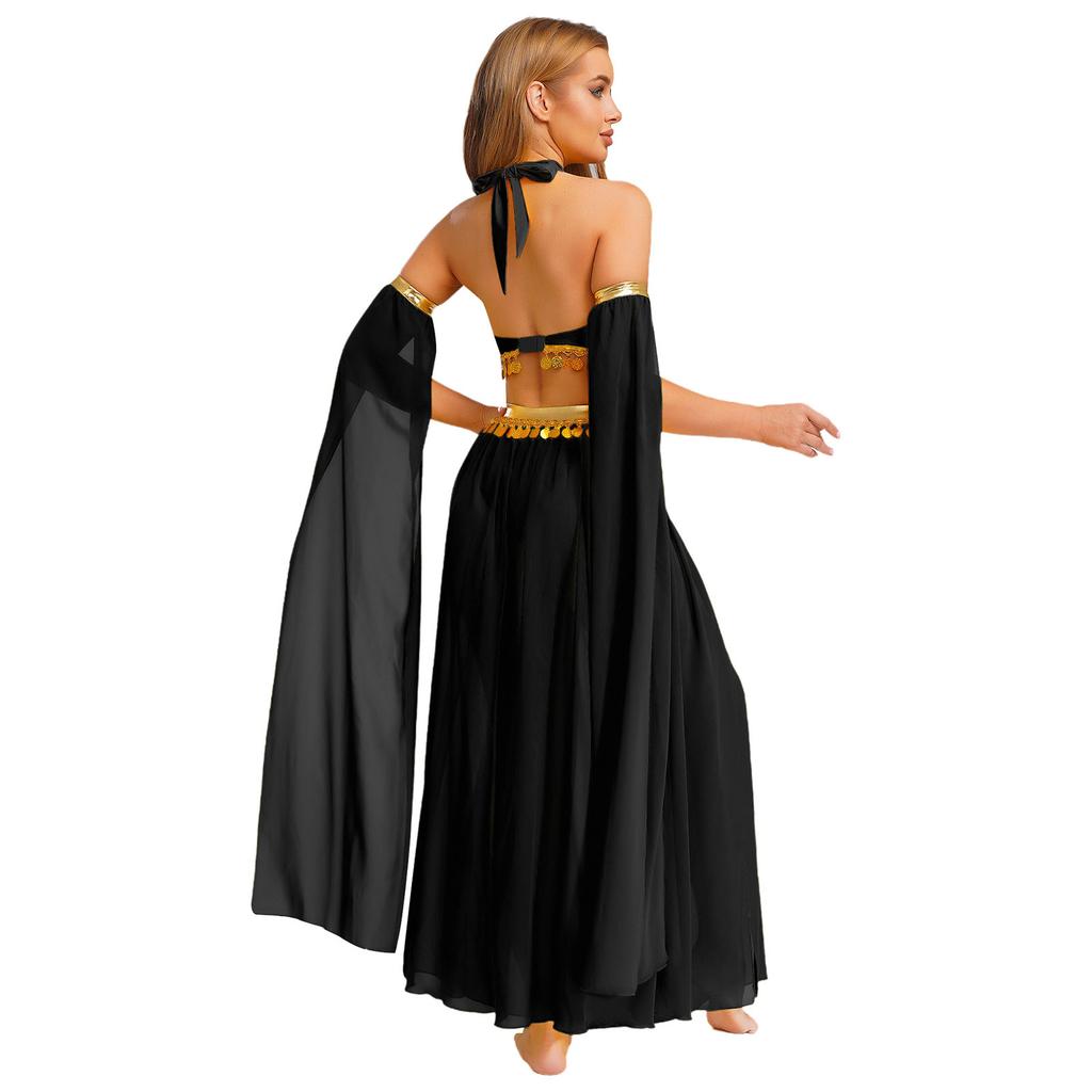 Women's Belly Dance Costume Set: Self-Tie Halter Crop Top with Built-In Briefs & Side Slit Chiffon Skirt + Removable Split Sleeves