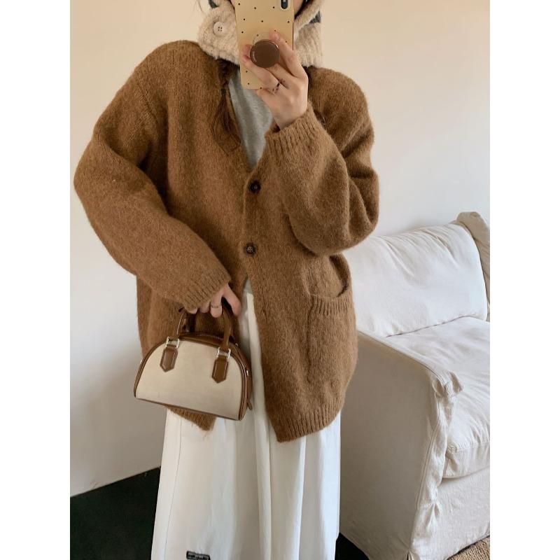 Новый свободный ленивый стиль большой размер повседневный вязаный кардиган универсальный базовый вязаный топ куртка женский