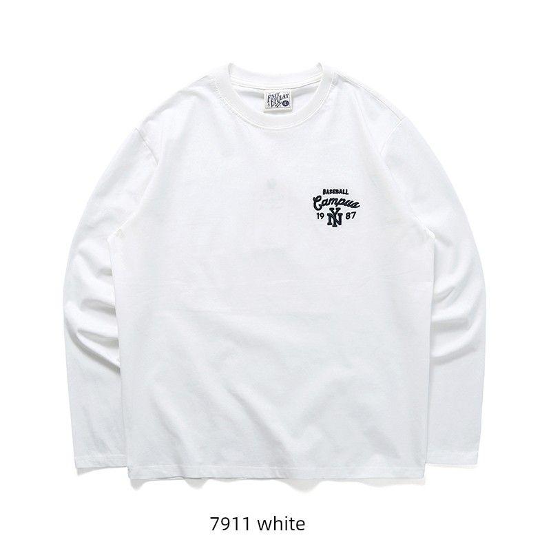 American vintage Embroidered Cotton Long sleeves Shirt Men's 2024 New Spring and Autumn Undershirt Foreign Trade Men's White T-shirt