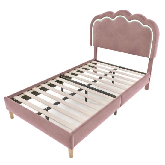 Solid Wood Bed Frame Strong Carrying Capacity Indoor with Adjustable Headboard LED Single Light Wave Shape Upholstery Girl Bedroom Furniture