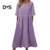 Summer Dress with Pockets Round Neck Loose Waist Short Sleeves Calf Length Solid Color Midi Dress for Work School Dating