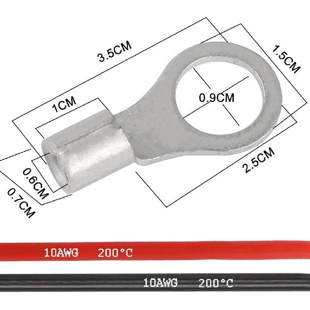 Кабели солнечной батареи 10 AWG Кабели инвертора питания с кольцевыми клеммами 3/8" Провод 10AWG Луженая медь Кабель-удлинитель для солнечной энергии, RV, Автомобиля, Лодки