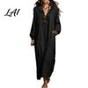 Lightweight Polyester Dresses Women Ruffle V Loose Fit Dress Neck Long Casual Midi Dress Solid Color Sleeves for Spring Autumn