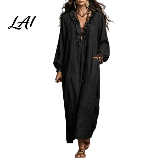 Lightweight Polyester Dresses Women Ruffle V Loose Fit Dress Neck Long Casual Midi Dress Solid Color Sleeves for Spring Autumn