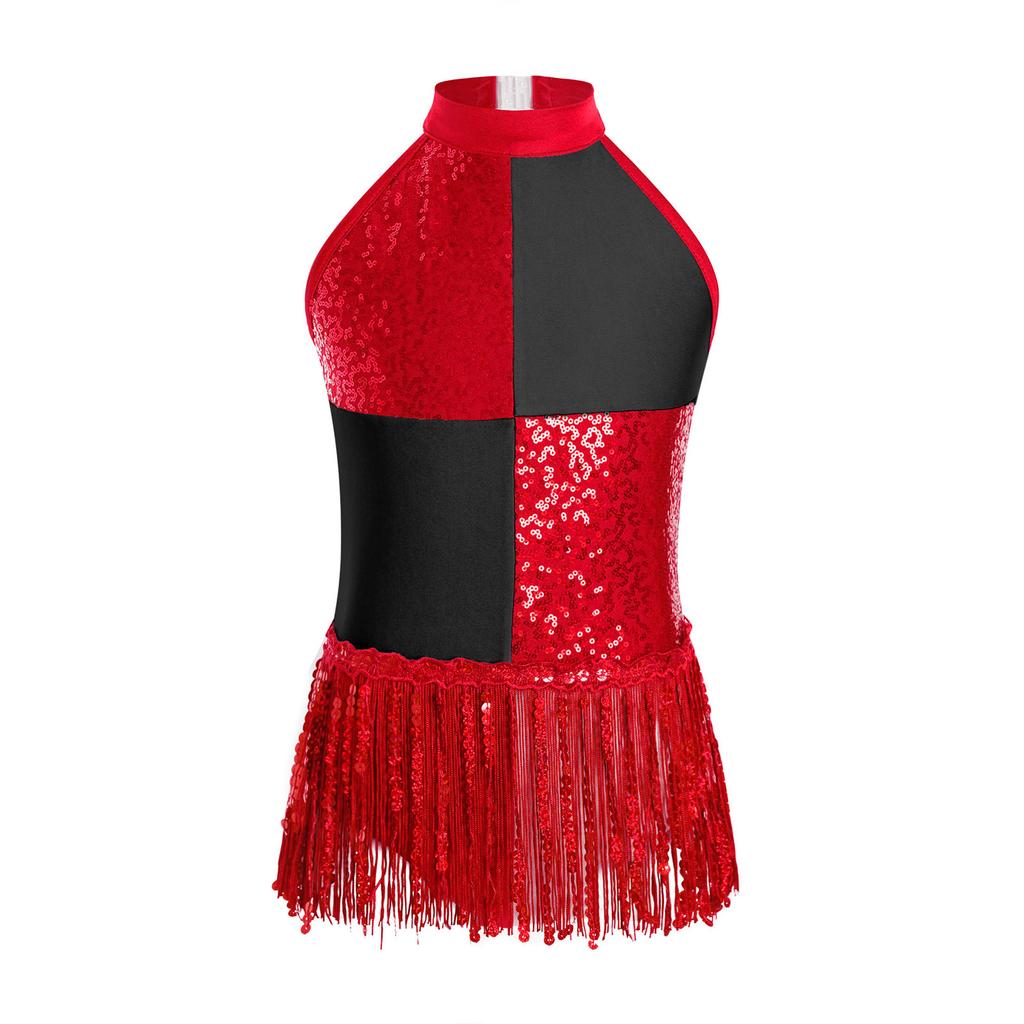 Girls Color Block Latin Dance Leotard Shiny Sequins Tassel Halter Sleeveless Backless Bodysuit Performance Costume