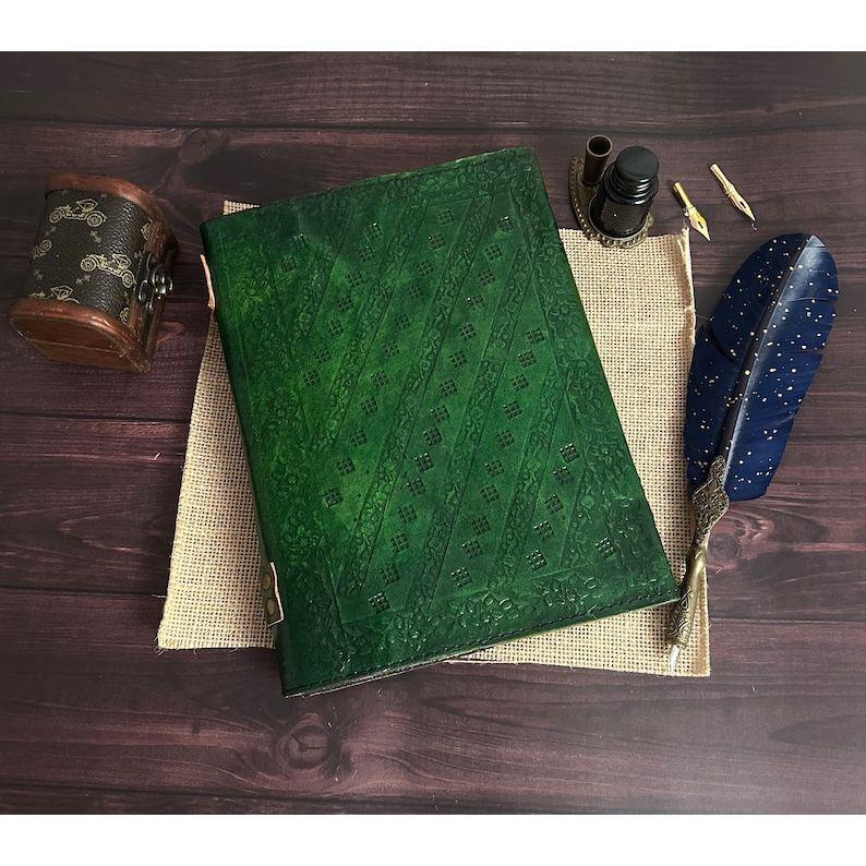 Кожаный журнал с семью камнями, ручная работа с тиснением, винтажный кожаный переплет, зеленый блокнот, альбом для рисования, дневник, лучший подарок для него