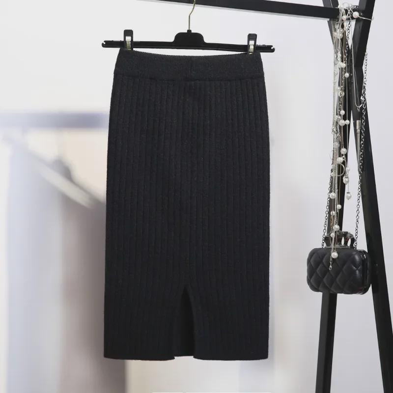 Юбка из шерстяного трикотажа с высокой талией в рубчик - женская осенне-зимняя корейская модель
