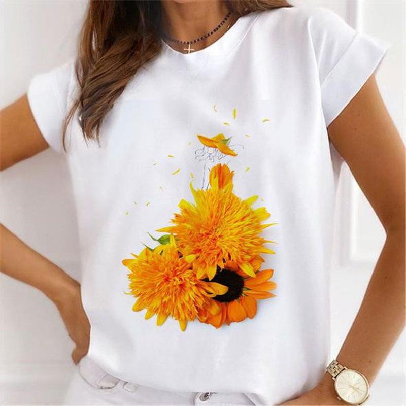 Summer Floral Girl Printed Base Shirt Cute Cartoon Round Neck Plus Size Pure Cotton Short Sleeved Top T-Shirts Women’s