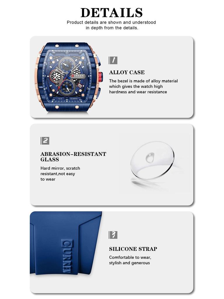 CURREN 8442 Мужские многофункциональные водонепроницаемые кварцевые часы с календарем и резиновым ремешком