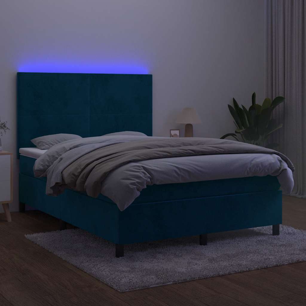 Box Spring Bed with Mattress & LED Dark Blue 140x200 cm Velvet