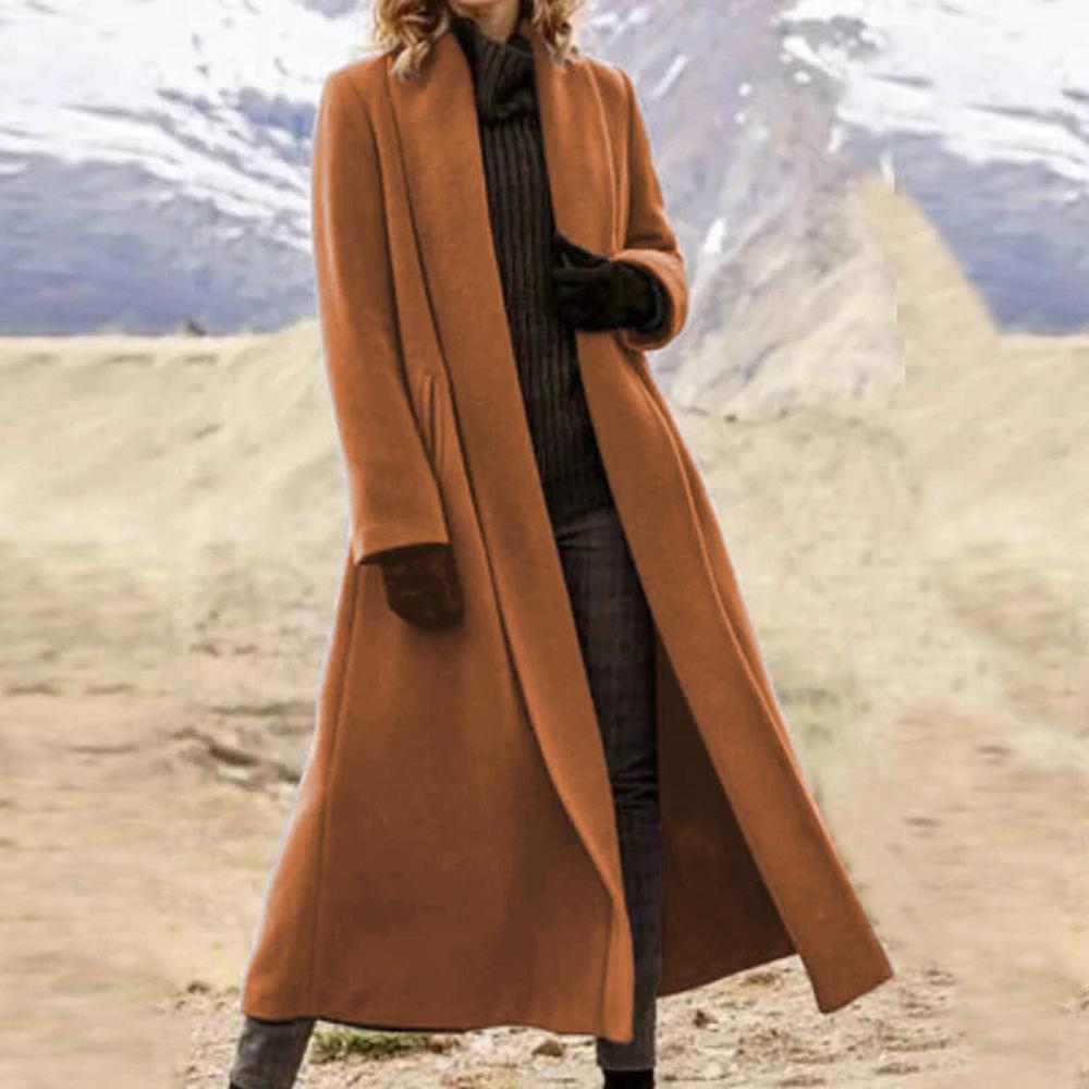 Women's Winter Extra-Long Literary Comfortable Coat Solid Color Casual Plus Size Wool Trench Coat