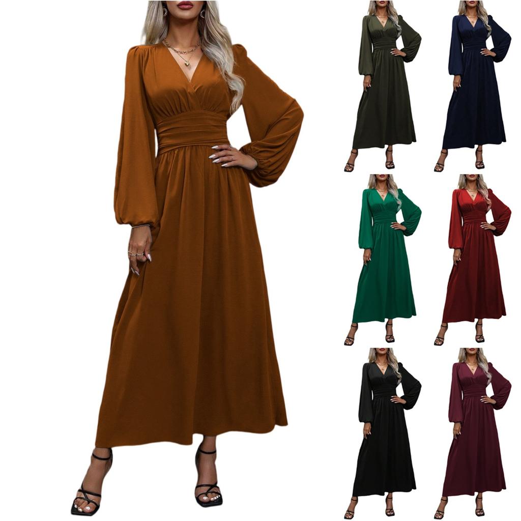 Women's Fashionable Solid Color V-neck Long Sleeved Slit Dress