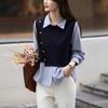 New Striped Long-sleeved Shirt for Women's College Style Loose Slimming Fake Two-piece Tops for Spring and Autumn