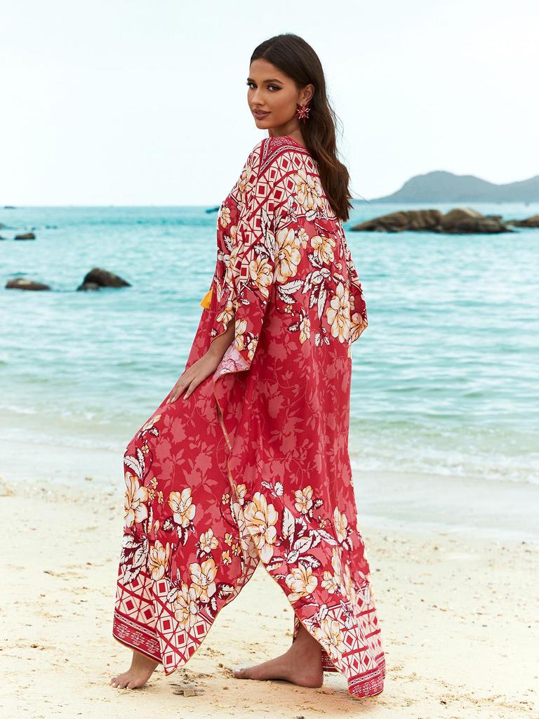 2023 European & American Rayon Front Tie Holiday Bikini Swimsuit Cover-up Robe