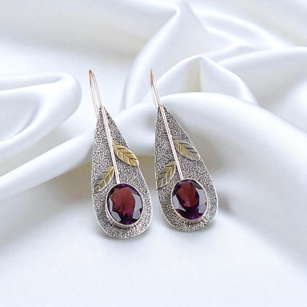 Натуральный Аметист Драгоценный Камень 925 Стерлинговое Серебро Ювелирные Изделия Ручной Работы Серьги 2.00" EE-72-7