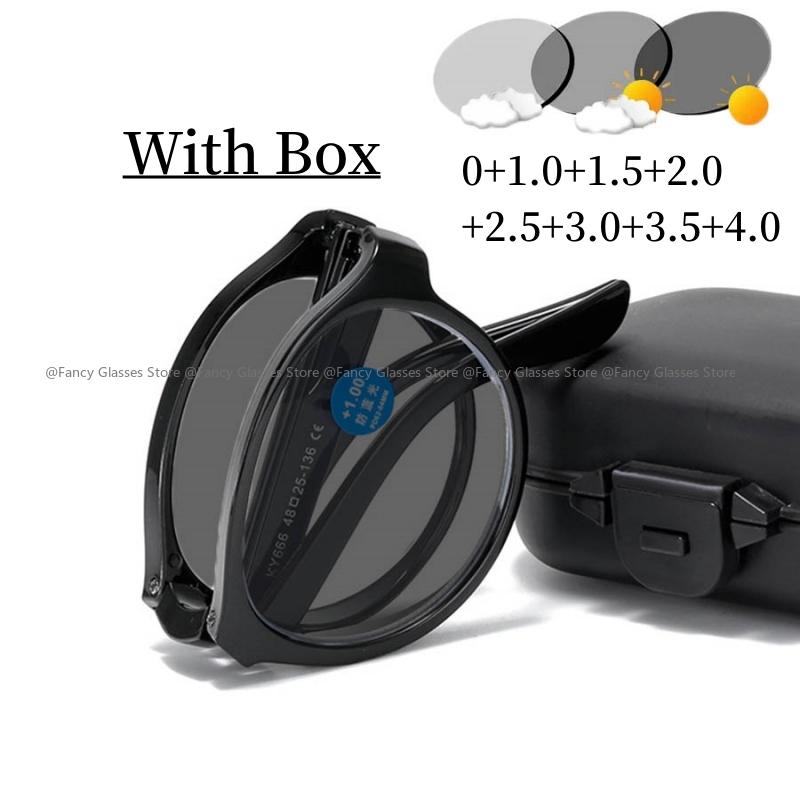 Складные хромированные очки для чтения с футляром Мужские очки с круглой оправой, меняющие цвет, складные Женские популярные солнцезащитные очки для дальнозоркости