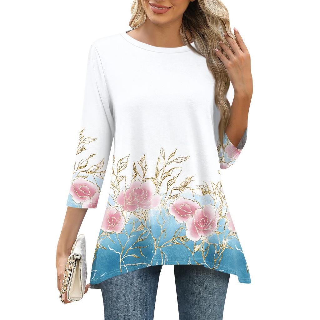 3/4 рукав туника топы для женщин принтованный повседневный выходной свободный крой модная базовая футболка с круглым вырезом