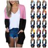 Women's Cardigan Loose Casual Color Block Long Sleeved Pocket Top Coat