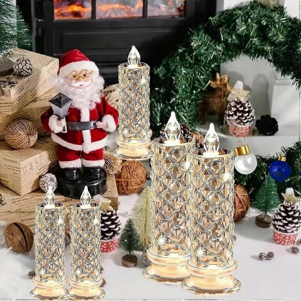 Set of 4 LED Crystal Candle Lights, Flameless LED Candles, Rose Shadow Led Flameless Candle Light, Romantic Flameles Pillar Candles for Christmas Wedd