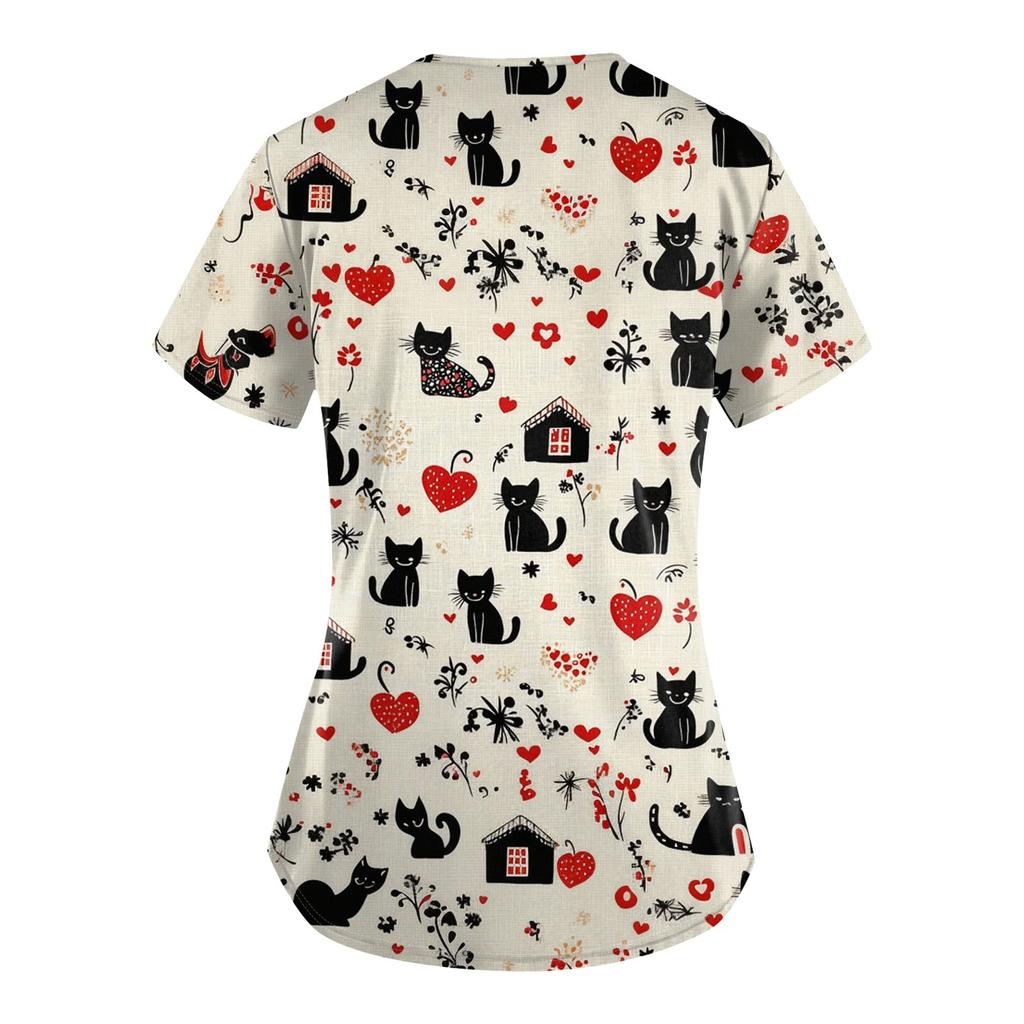 Women's Animal Print Loose V-Neck Pocket Short Sleeve  Uniform  Uniform