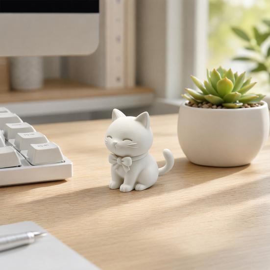3D-печатная статуэтка кошки, сидящая фигурка кошки с бантом, Коллекционная милая скульптура котенка, Настольное украшение, Подарок для любителей кошек
