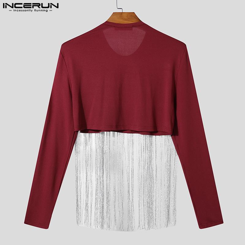 INCERUN Мужские футболки с круглым вырезом, кисточками спереди, в стиле пэчворк, с длинным рукавом, повседневные, укороченные