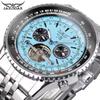 JARAGAR 034 Top Luxury Retro Blue Automatic Mechanical Watch Tourbillon Hollow Skeleton Stainless Steel Month Date Men's Watches