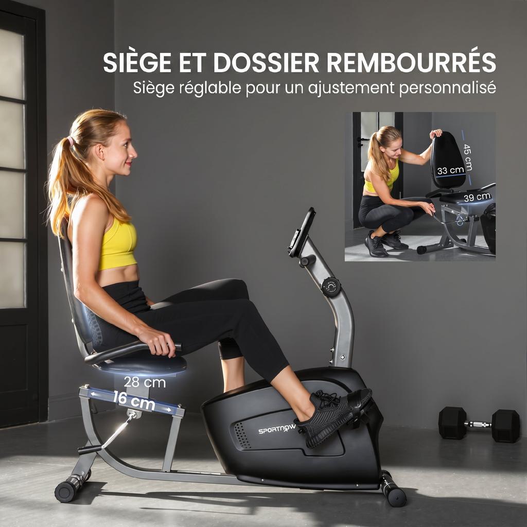 SPORTNOW Semi-Recumbent Exercise Bike with Wheels, Magnetic Resistance and Adjustable Seat, 132x62x100cm, Black