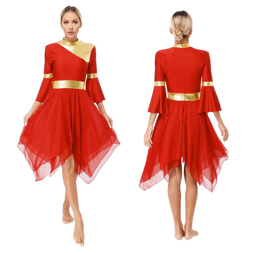 Женщины Девочки Расклешенный рукав 3/4 Металлическая танцевальная одежда для церковного богослужения Литургическая танцевальная одежда Туника Асимметричный подол Лирическое танцевальное платье Накладка