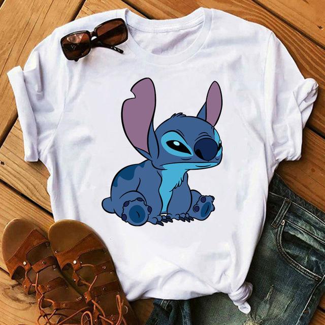 Disney Cartoon Kawaii Lilo Stitch Graphics Women T-Shirt Summer Tees Loose 90S Short Sleeve Blouses O-Neck Ladies White Y2K Tops