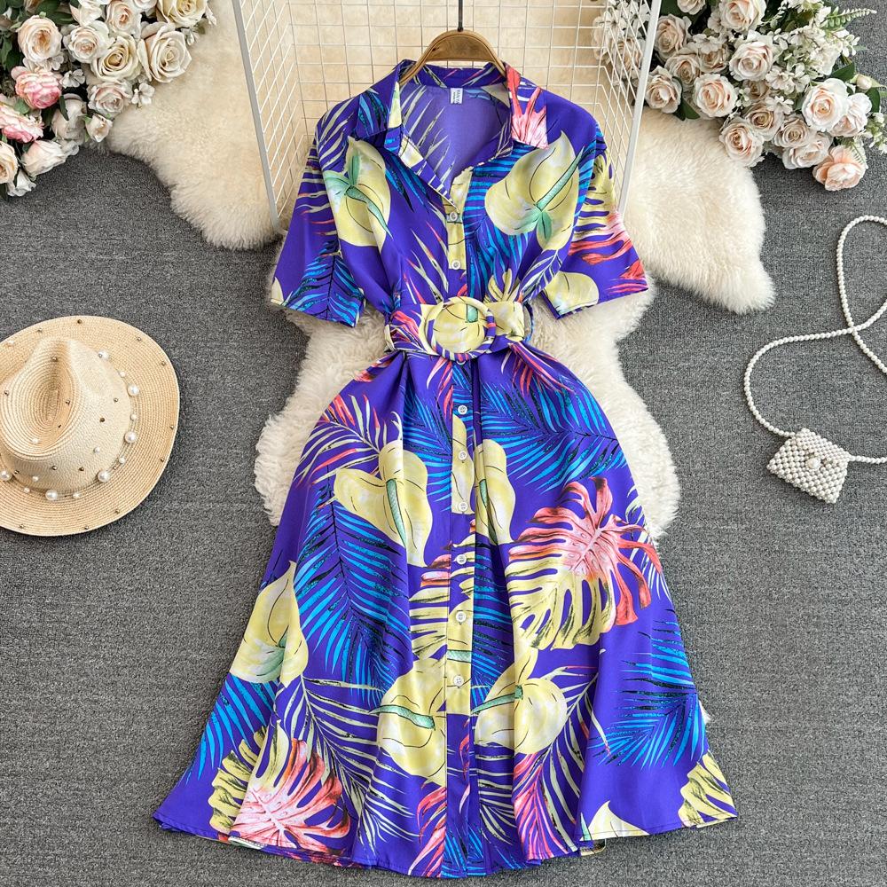 Women's Floral Print Dress A-line Elegant Vintage Lady Summer Dresses with Belt Casual Vestidos