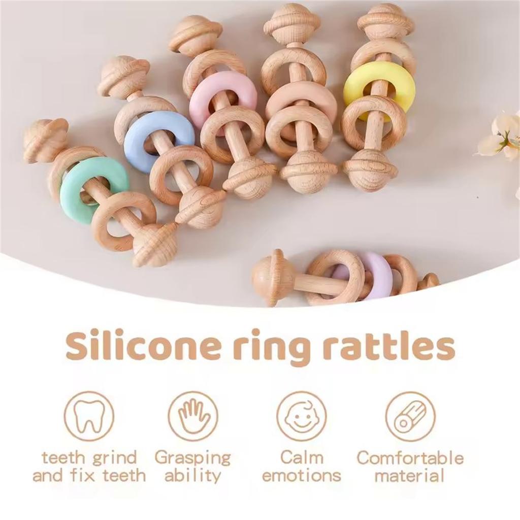 Baby Toys Wooden Rattles Silicone Ring Baby Rattles and Mobiles 0 12 Months Sensory Toys for Baby Wooden Teether for Baby Gifts