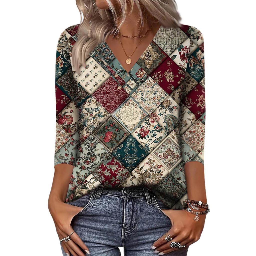 Women's 3/4 Sleeve Shirts V Neck Print Tops Casual Tops Basic Tees Blouse Loose Tops